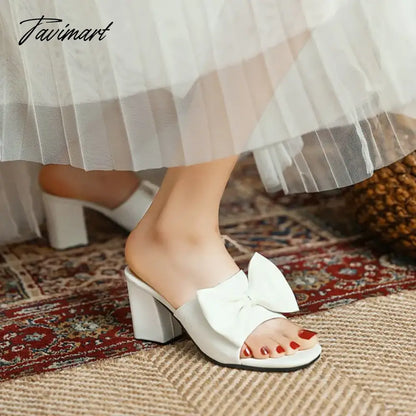 Weaved Pattern Open Toe Block High Heels Woman Slippers With Big Bowtie Woman Mules Slides Sandals Extra Big Size 46 47 48