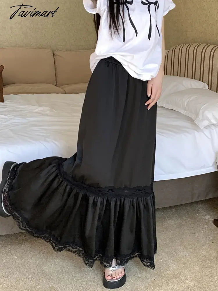 White Black Mid Long Skirt Womens Splice Satin Skirt Goth Lolita Spring Summer High Waisted Lace Ruffles Mermaid Skirt rok