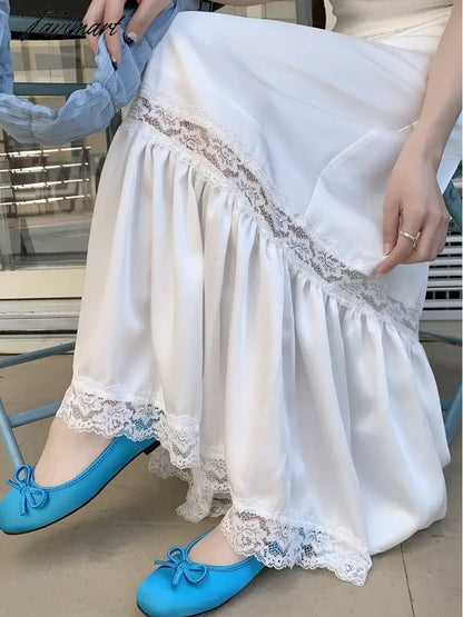 White Black Mid Long Skirt Womens Splice Satin Skirt Goth Lolita Spring Summer High Waisted Lace Ruffles Mermaid Skirt rok