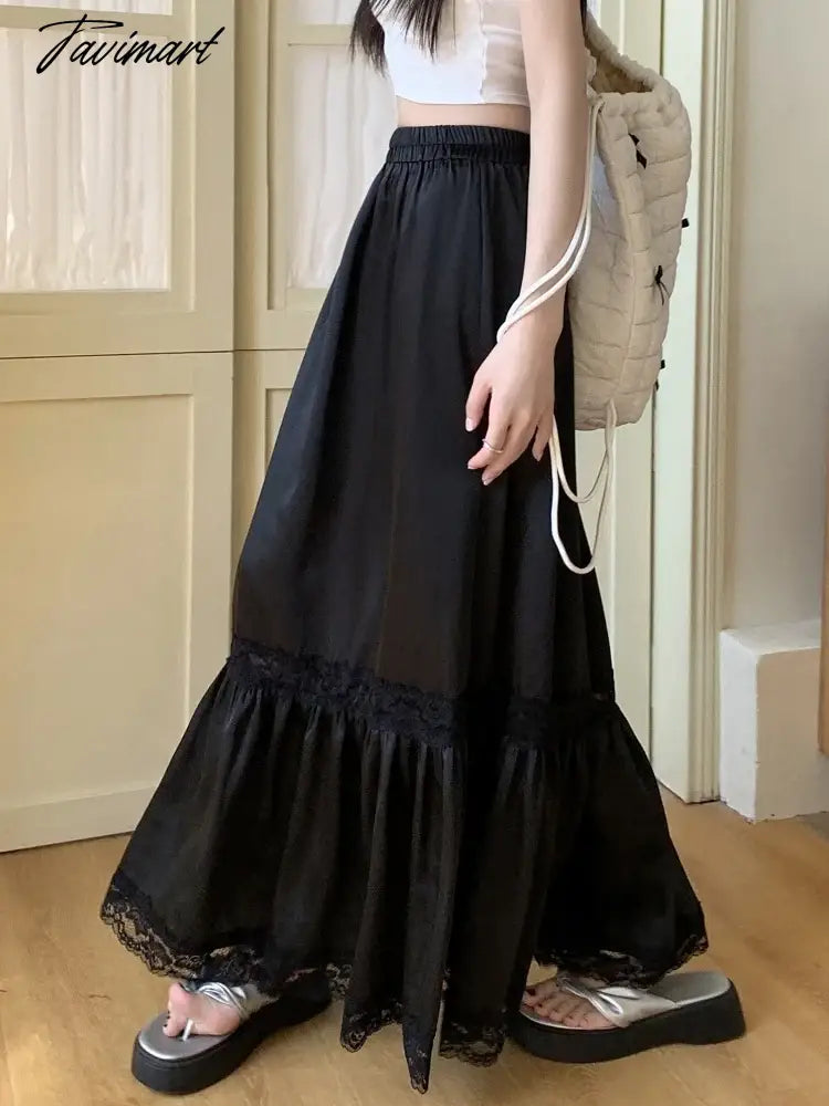 White Black Mid Long Skirt Womens Splice Satin Skirt Goth Lolita Spring Summer High Waisted Lace Ruffles Mermaid Skirt rok