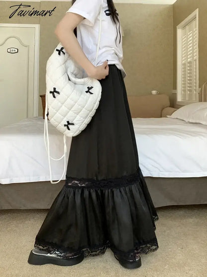 White Black Mid Long Skirt Womens Splice Satin Skirt Goth Lolita Spring Summer High Waisted Lace Ruffles Mermaid Skirt rok