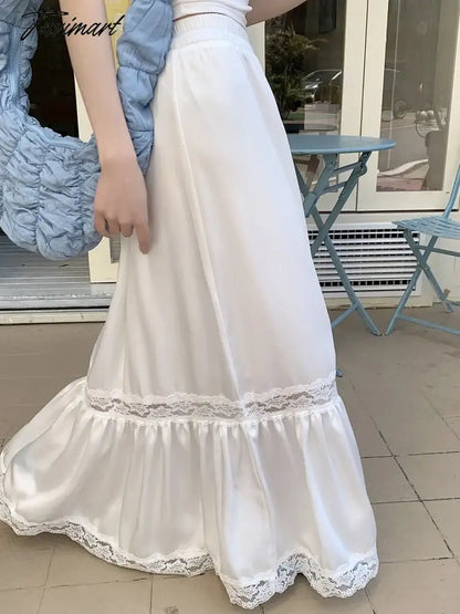 White Black Mid Long Skirt Womens Splice Satin Skirt Goth Lolita Spring Summer High Waisted Lace Ruffles Mermaid Skirt rok