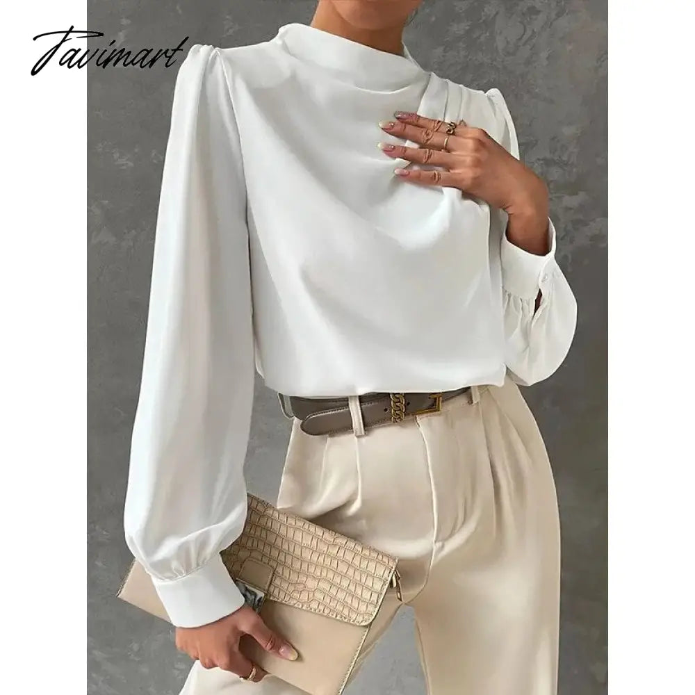 White Long Puff Sleeves High Neck Blouses For Office Lady Urban Women's New Stylish Loose Casual Shirt Tops