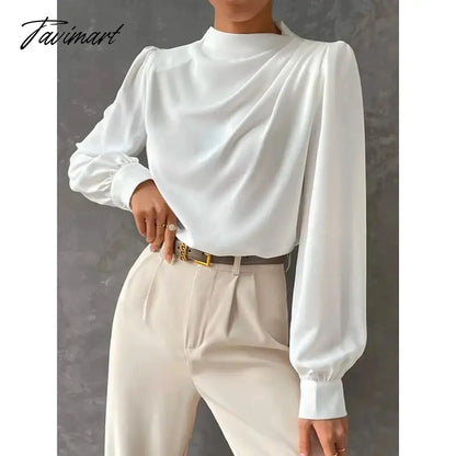 White Long Puff Sleeves High Neck Blouses For Office Lady Urban Women's New Stylish Loose Casual Shirt Tops