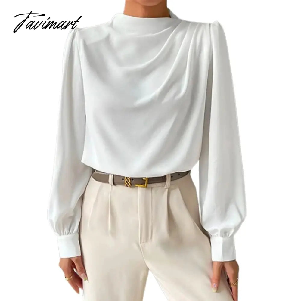 White Long Puff Sleeves High Neck Blouses For Office Lady Urban Women's New Stylish Loose Casual Shirt Tops
