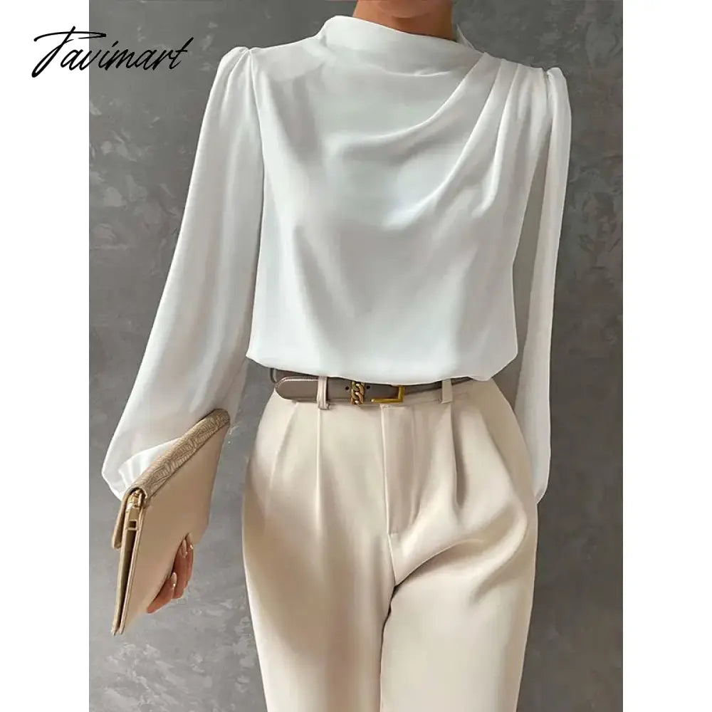 White Long Puff Sleeves High Neck Blouses For Office Lady Urban Women's New Stylish Loose Casual Shirt Tops
