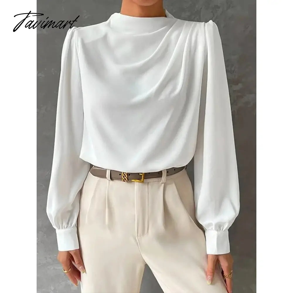 White Long Puff Sleeves High Neck Blouses For Office Lady Urban Women's New Stylish Loose Casual Shirt Tops