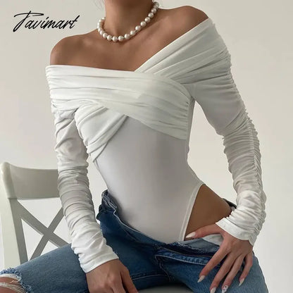 White Off Shoulder Ruched Bodysuit Tops Women Slash Neck Long Sleeve Cross Bodysuits Y2k Fashion Lady Fall Clothes