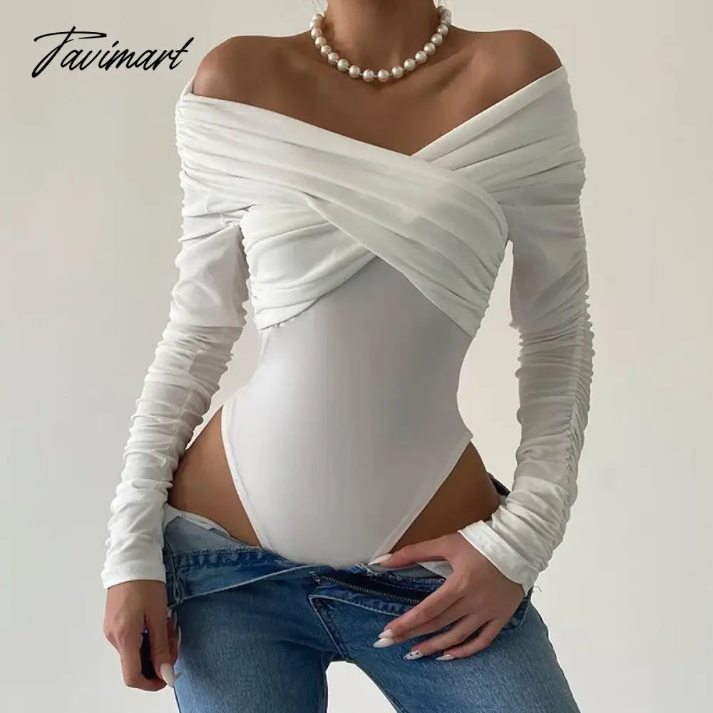 White Off Shoulder Ruched Bodysuit Tops Women Slash Neck Long Sleeve Cross Bodysuits Y2k Fashion Lady Fall Clothes