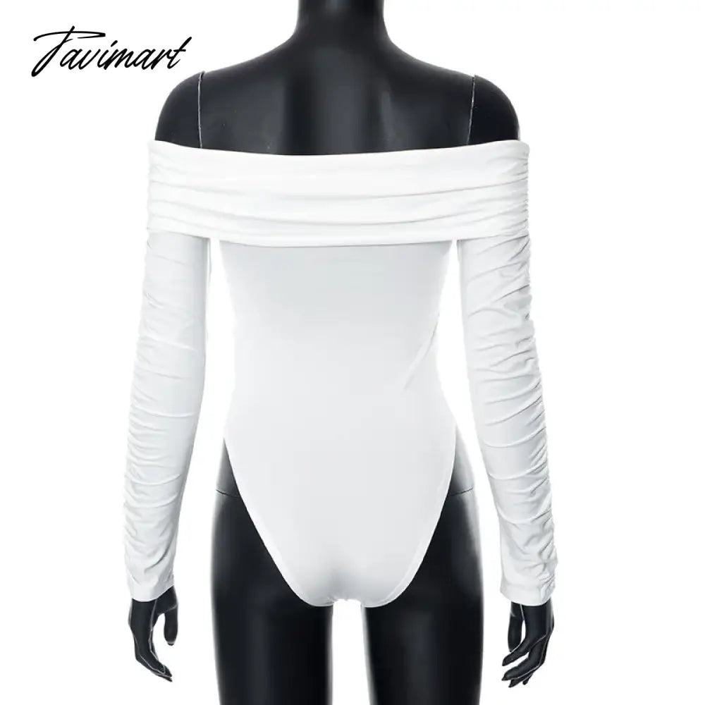 White Off Shoulder Ruched Bodysuit Tops Women Slash Neck Long Sleeve Cross Bodysuits Y2k Fashion Lady Fall Clothes