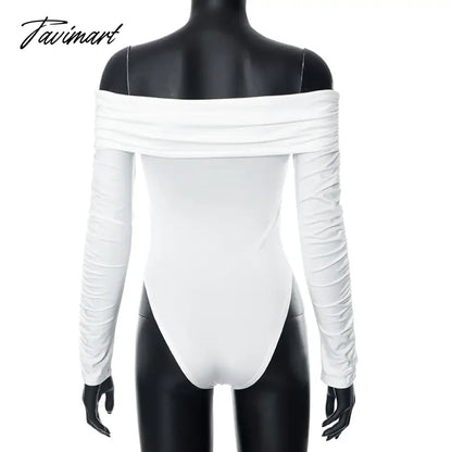 White Off Shoulder Ruched Bodysuit Tops Women Slash Neck Long Sleeve Cross Bodysuits Y2k Fashion Lady Fall Clothes