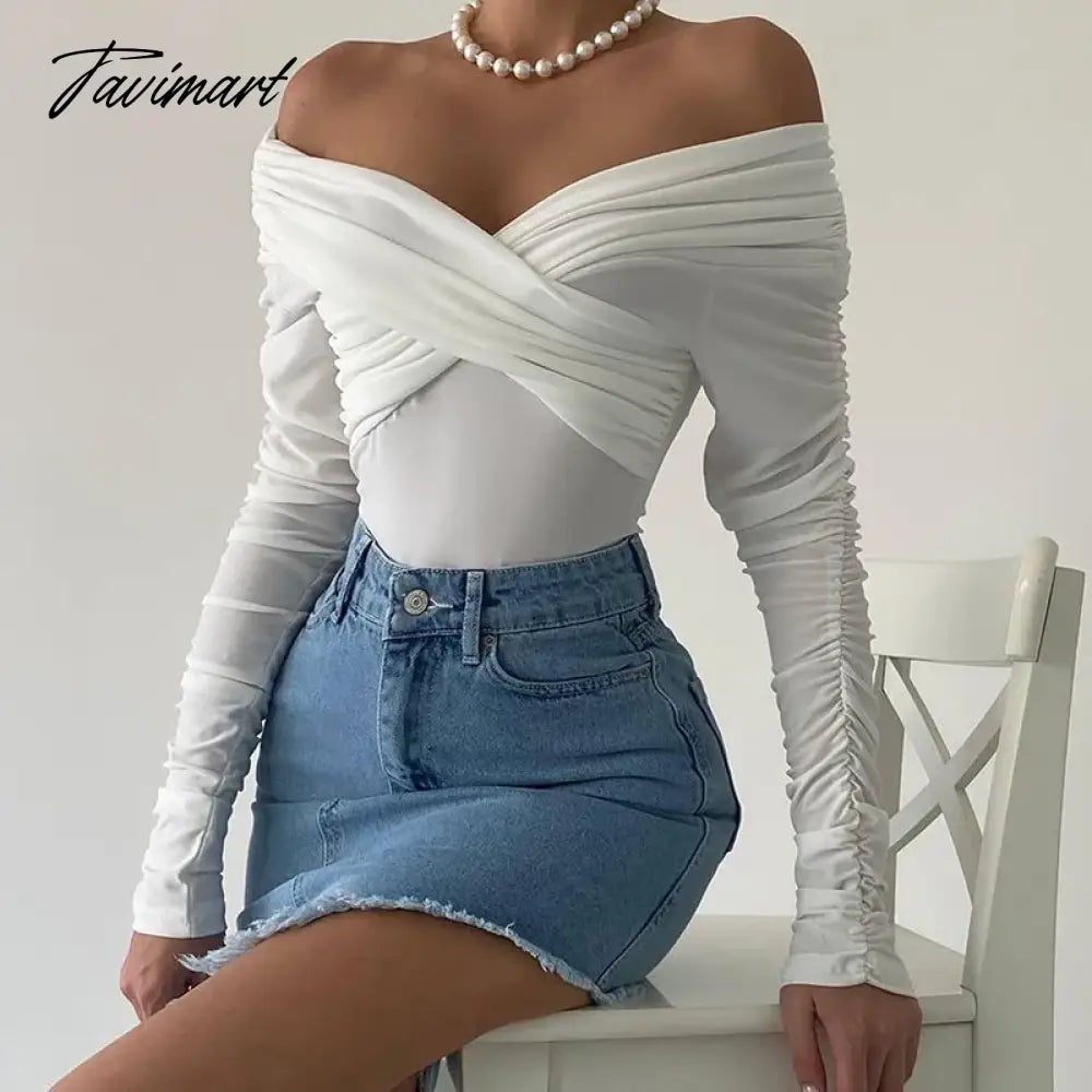 White Off Shoulder Ruched Bodysuit Tops Women Slash Neck Long Sleeve Cross Bodysuits Y2k Fashion Lady Fall Clothes