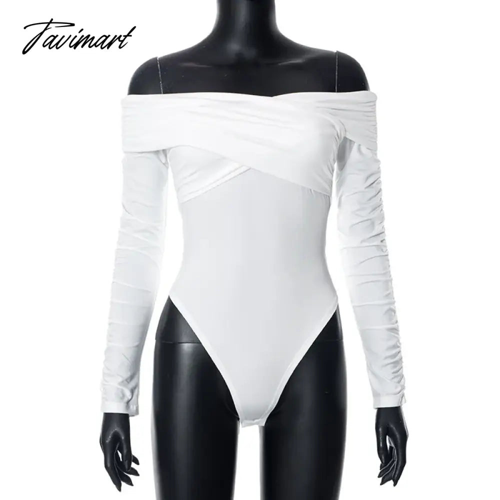 White Off Shoulder Ruched Bodysuit Tops Women Slash Neck Long Sleeve Cross Bodysuits Y2k Fashion Lady Fall Clothes