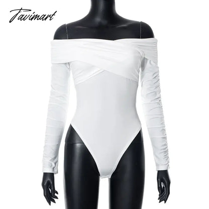 White Off Shoulder Ruched Bodysuit Tops Women Slash Neck Long Sleeve Cross Bodysuits Y2k Fashion Lady Fall Clothes