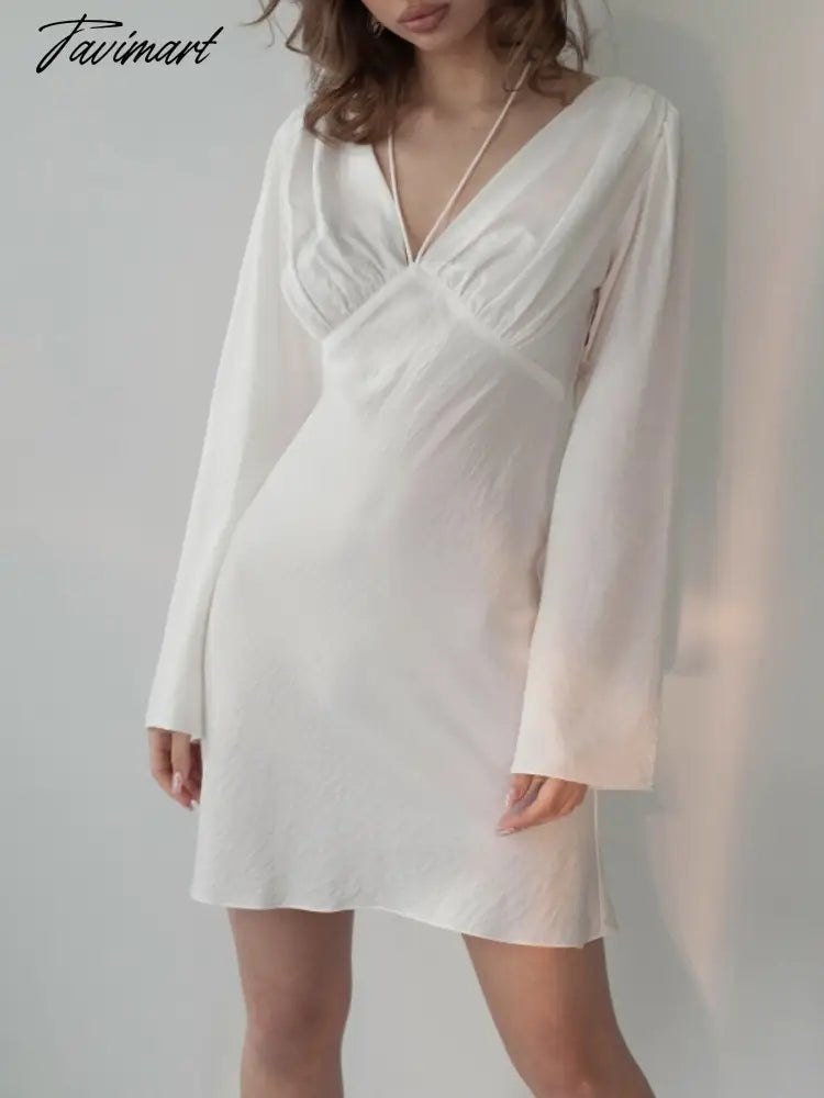 White Party Dress a Line Sexy Lace Up Fashion Elegant Female Clothing Long Sleeve v Neck Solid Color Summer New Arrivals