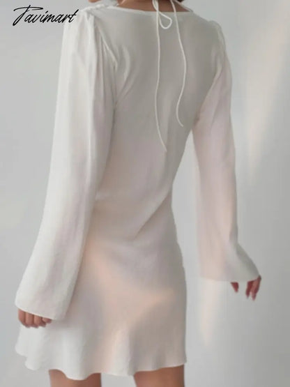 White Party Dress a Line Sexy Lace Up Fashion Elegant Female Clothing Long Sleeve v Neck Solid Color Summer New Arrivals