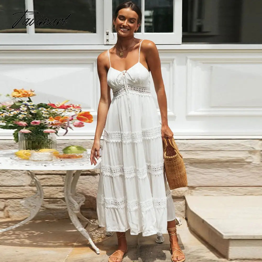 White Spaghetti Straps Dress Elegant Summer Women Holiday Hollow Out Long Beach Sundress Soft Smock Split Vestido A1074