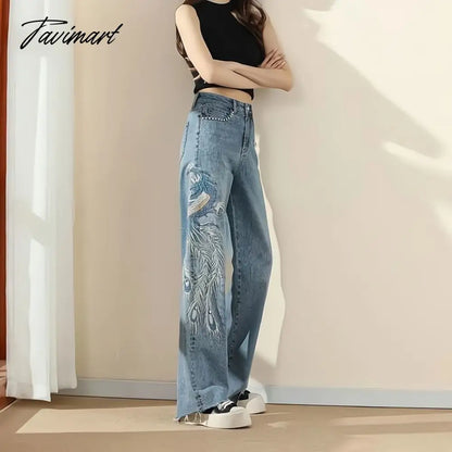 Wide-leg high waisted jeans for women summer new Phoenix embroidery straight tube loose trend showing thin trumpet draping
