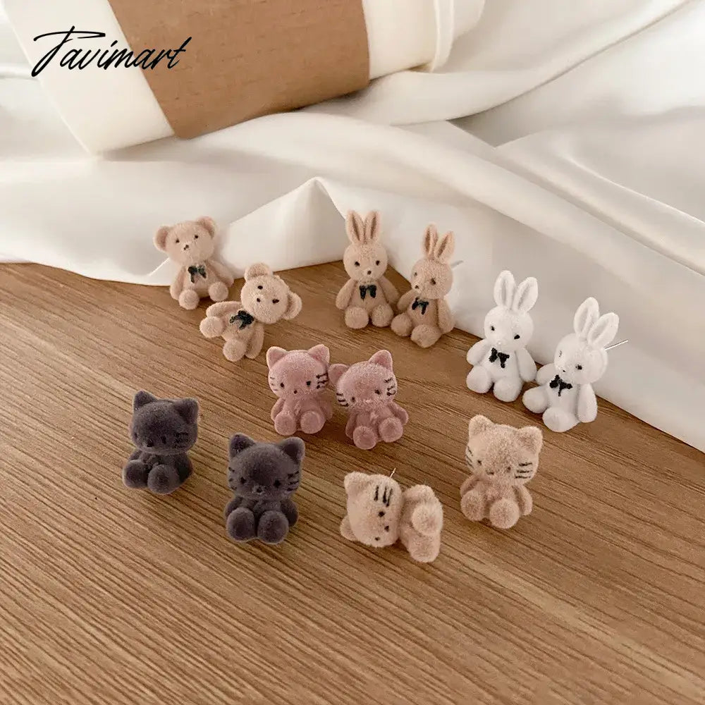 Winter Cute Flocking Bear Stud Earrings For Women Vintage Cartoon Kawaii Plush Rabbit Cat Animal Earring Kid Trend Jewelry