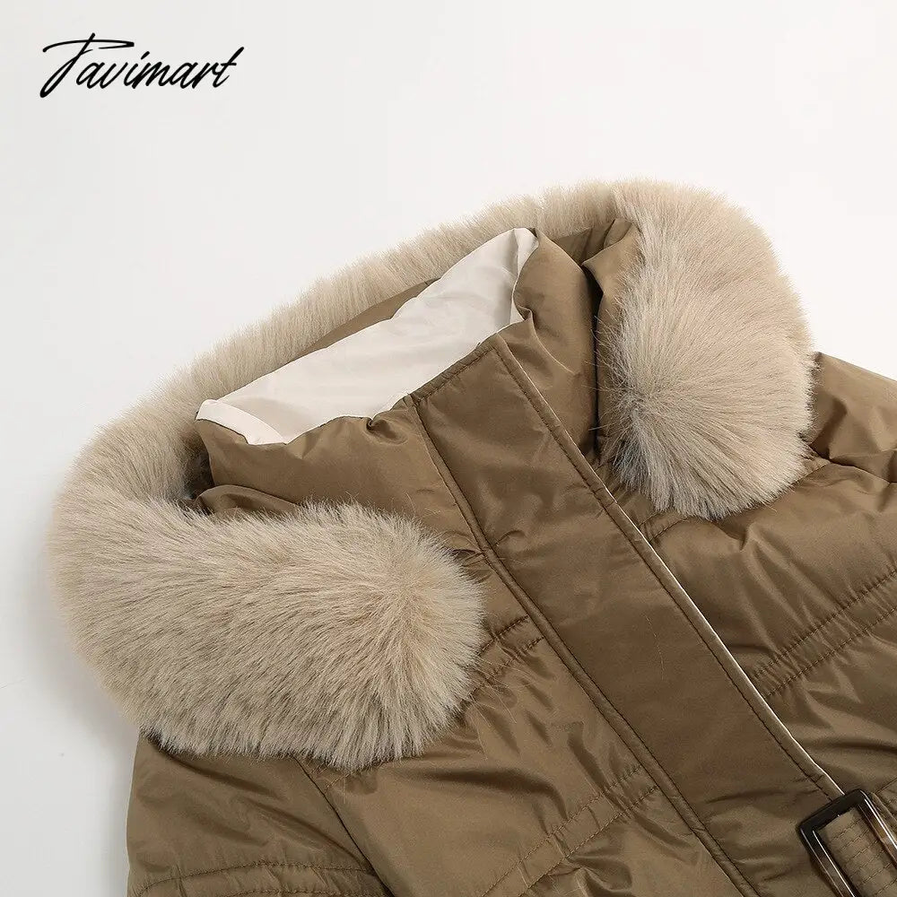 Winter New Mid Length Down Cotton Coat Women Hooded Fur Collar Solid Color Slim Long Coat Female Fashion Elegant Warm Coat