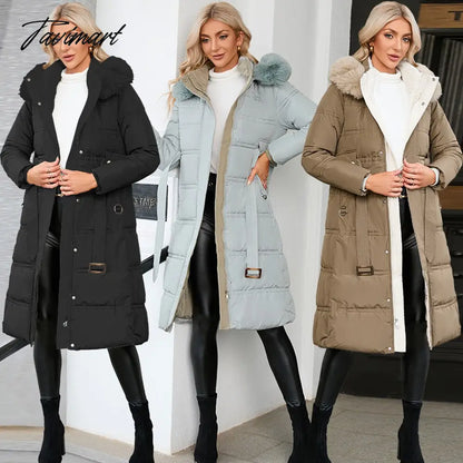 Winter New Mid Length Down Cotton Coat Women Hooded Fur Collar Solid Color Slim Long Coat Female Fashion Elegant Warm Coat