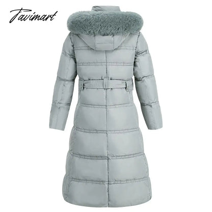 Winter New Mid Length Down Cotton Coat Women Hooded Fur Collar Solid Color Slim Long Coat Female Fashion Elegant Warm Coat