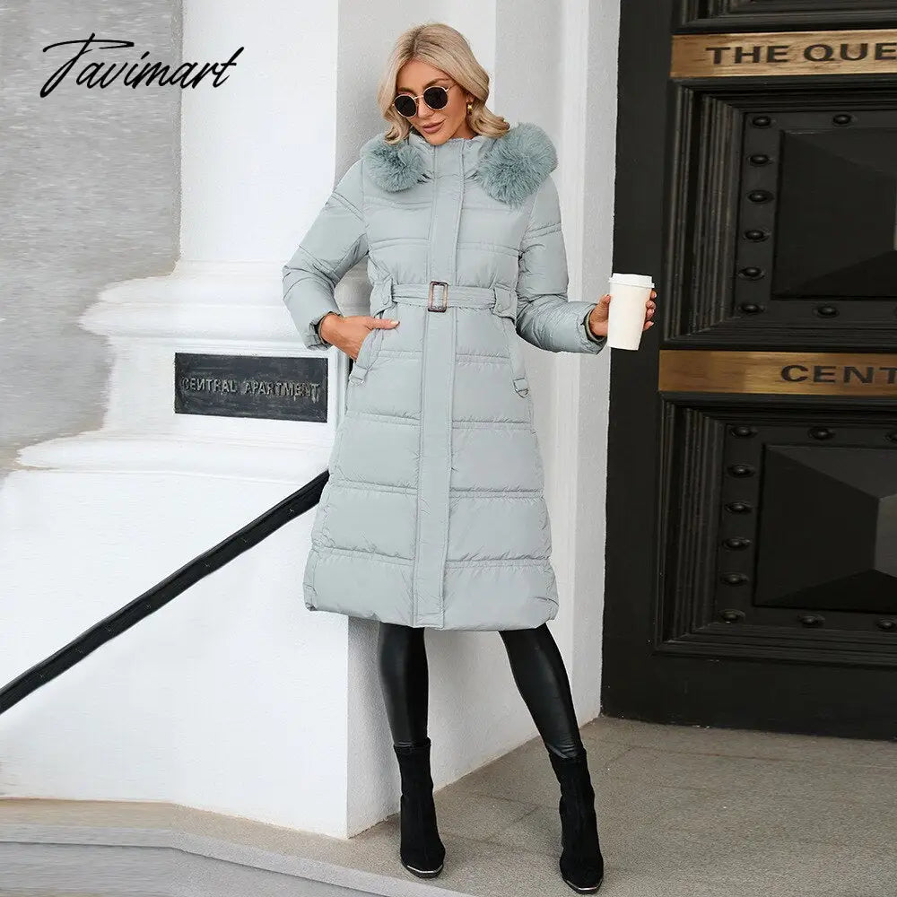 Winter New Mid Length Down Cotton Coat Women Hooded Fur Collar Solid Color Slim Long Coat Female Fashion Elegant Warm Coat
