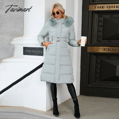 Winter New Mid Length Down Cotton Coat Women Hooded Fur Collar Solid Color Slim Long Coat Female Fashion Elegant Warm Coat