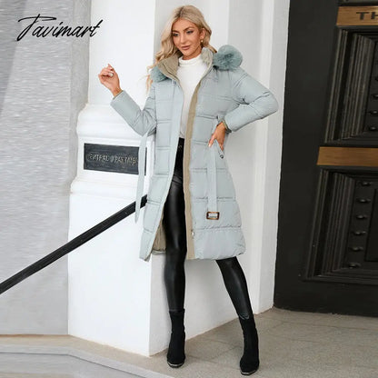 Winter New Mid Length Down Cotton Coat Women Hooded Fur Collar Solid Color Slim Long Coat Female Fashion Elegant Warm Coat