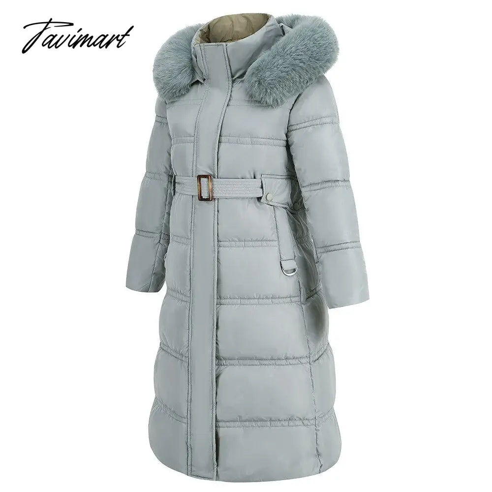 Winter New Mid Length Down Cotton Coat Women Hooded Fur Collar Solid Color Slim Long Coat Female Fashion Elegant Warm Coat