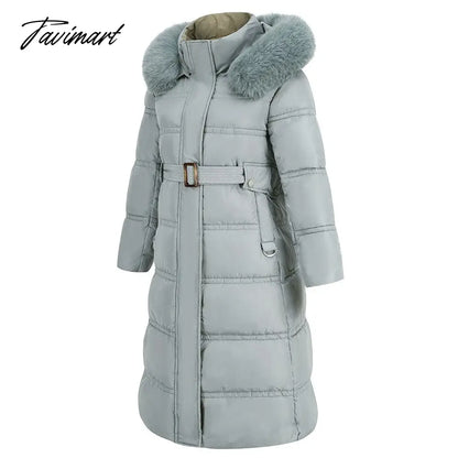 Winter New Mid Length Down Cotton Coat Women Hooded Fur Collar Solid Color Slim Long Coat Female Fashion Elegant Warm Coat