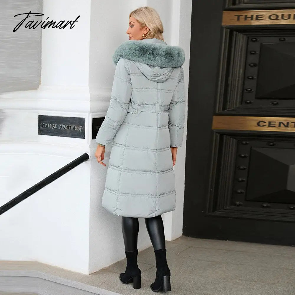 Winter New Mid Length Down Cotton Coat Women Hooded Fur Collar Solid Color Slim Long Coat Female Fashion Elegant Warm Coat