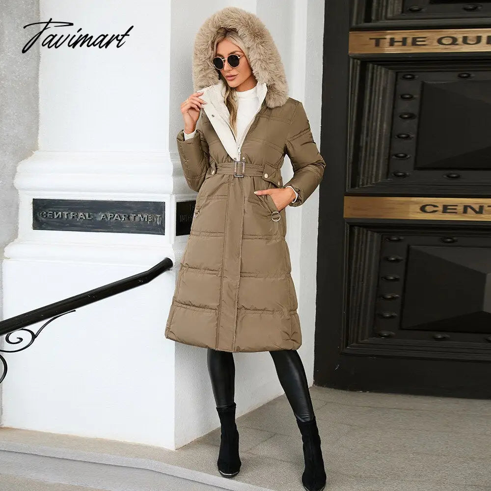 Winter New Mid Length Down Cotton Coat Women Hooded Fur Collar Solid Color Slim Long Coat Female Fashion Elegant Warm Coat