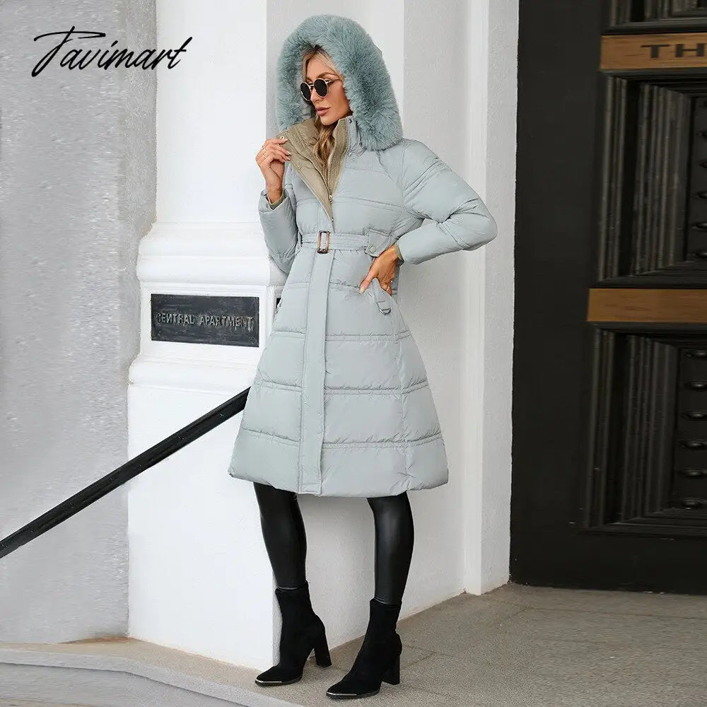 Winter New Mid Length Down Cotton Coat Women Hooded Fur Collar Solid Color Slim Long Coat Female Fashion Elegant Warm Coat