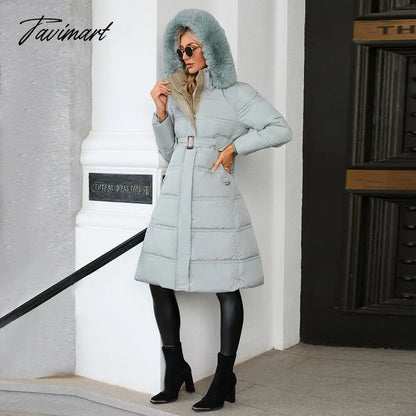 Winter New Mid Length Down Cotton Coat Women Hooded Fur Collar Solid Color Slim Long Coat Female Fashion Elegant Warm Coat