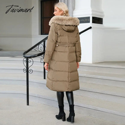 Winter New Mid Length Down Cotton Coat Women Hooded Fur Collar Solid Color Slim Long Coat Female Fashion Elegant Warm Coat