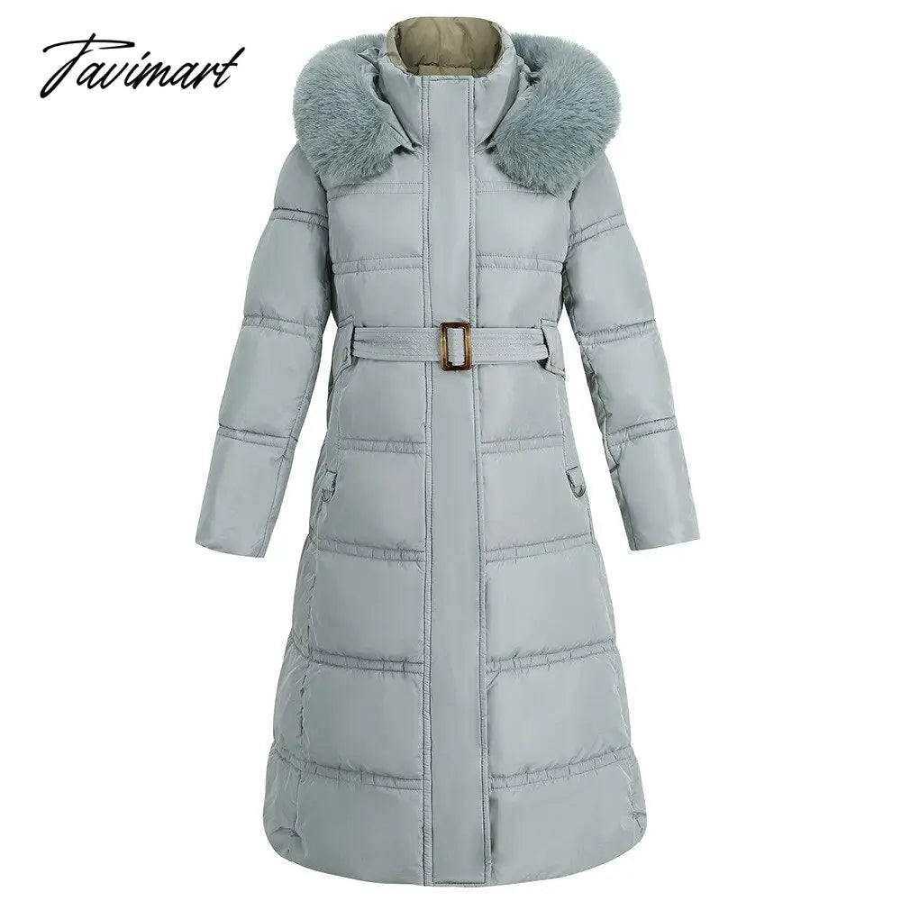 Winter New Mid Length Down Cotton Coat Women Hooded Fur Collar Solid Color Slim Long Coat Female Fashion Elegant Warm Coat