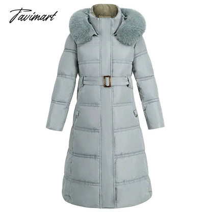 Winter New Mid Length Down Cotton Coat Women Hooded Fur Collar Solid Color Slim Long Coat Female Fashion Elegant Warm Coat