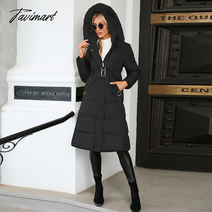 Winter New Mid Length Down Cotton Coat Women Hooded Fur Collar Solid Color Slim Long Coat Female Fashion Elegant Warm Coat
