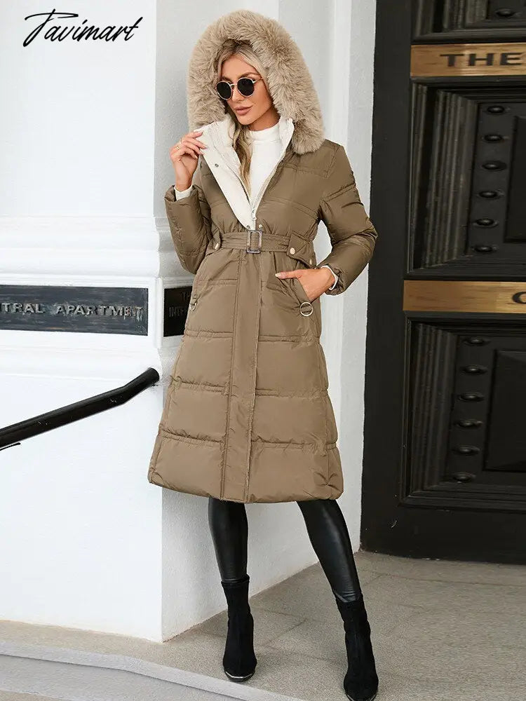 Winter New Mid Length Down Cotton Coat Women Hooded Fur Collar Solid Color Slim Long Coat Female Fashion Elegant Warm Coat