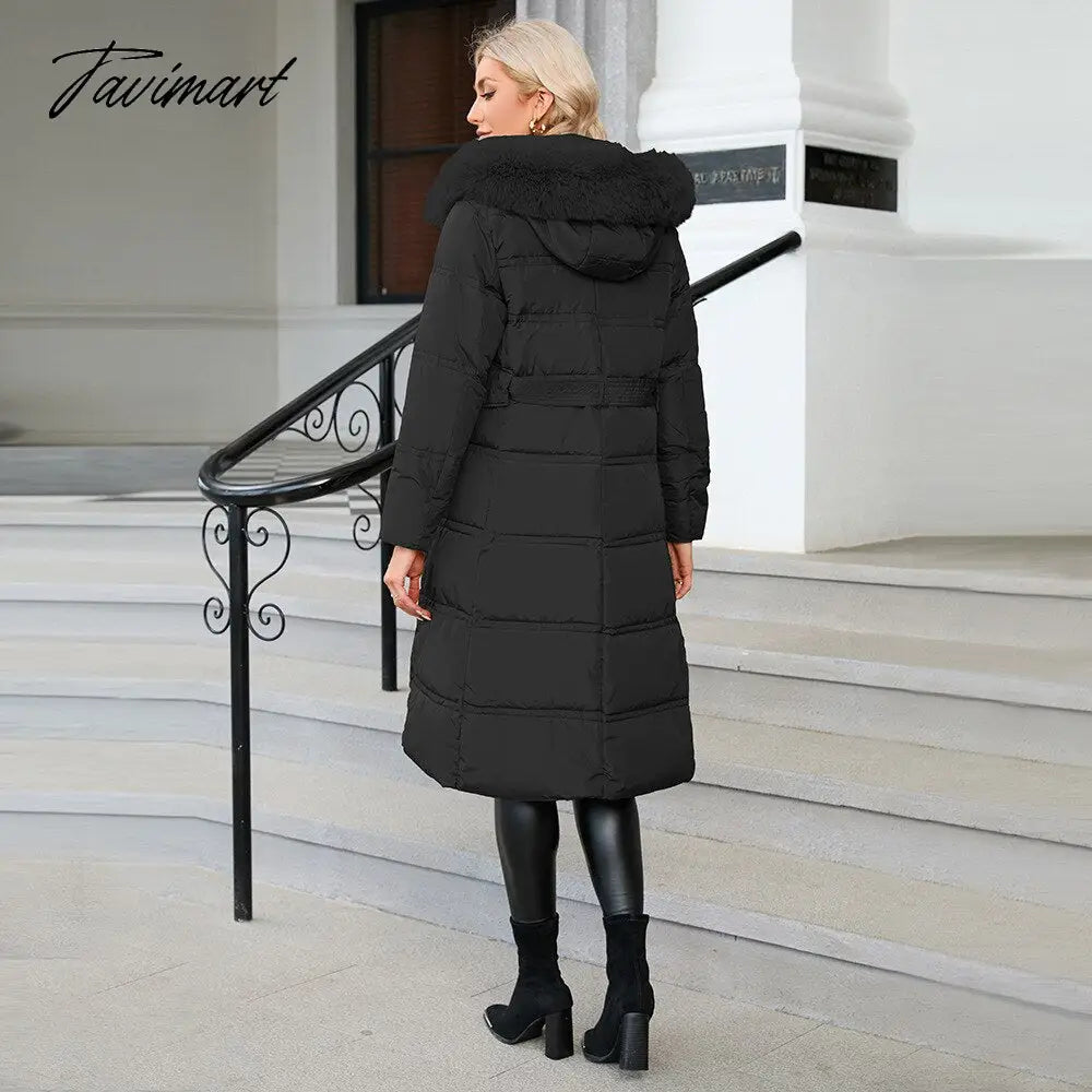Winter New Mid Length Down Cotton Coat Women Hooded Fur Collar Solid Color Slim Long Coat Female Fashion Elegant Warm Coat