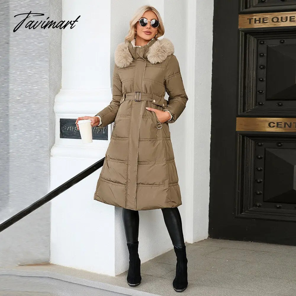 Winter New Mid Length Down Cotton Coat Women Hooded Fur Collar Solid Color Slim Long Coat Female Fashion Elegant Warm Coat