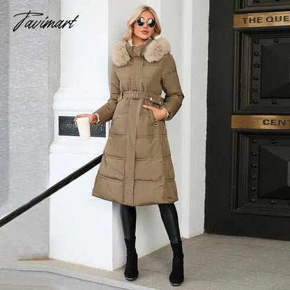 Winter New Mid Length Down Cotton Coat Women Hooded Fur Collar Solid Color Slim Long Coat Female Fashion Elegant Warm Coat