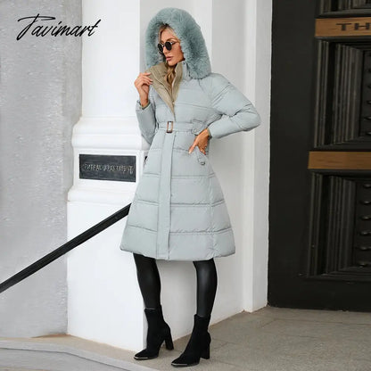 Winter New Mid Length Down Cotton Coat Women Hooded Fur Collar Solid Color Slim Long Coat Female Fashion Elegant Warm Coat