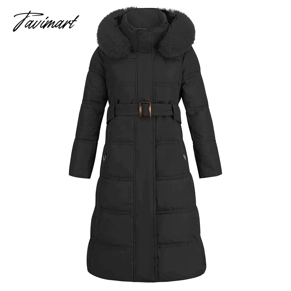 Winter New Mid Length Down Cotton Coat Women Hooded Fur Collar Solid Color Slim Long Coat Female Fashion Elegant Warm Coat