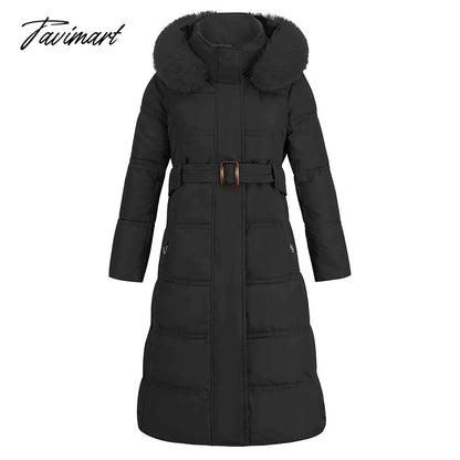 Winter New Mid Length Down Cotton Coat Women Hooded Fur Collar Solid Color Slim Long Coat Female Fashion Elegant Warm Coat