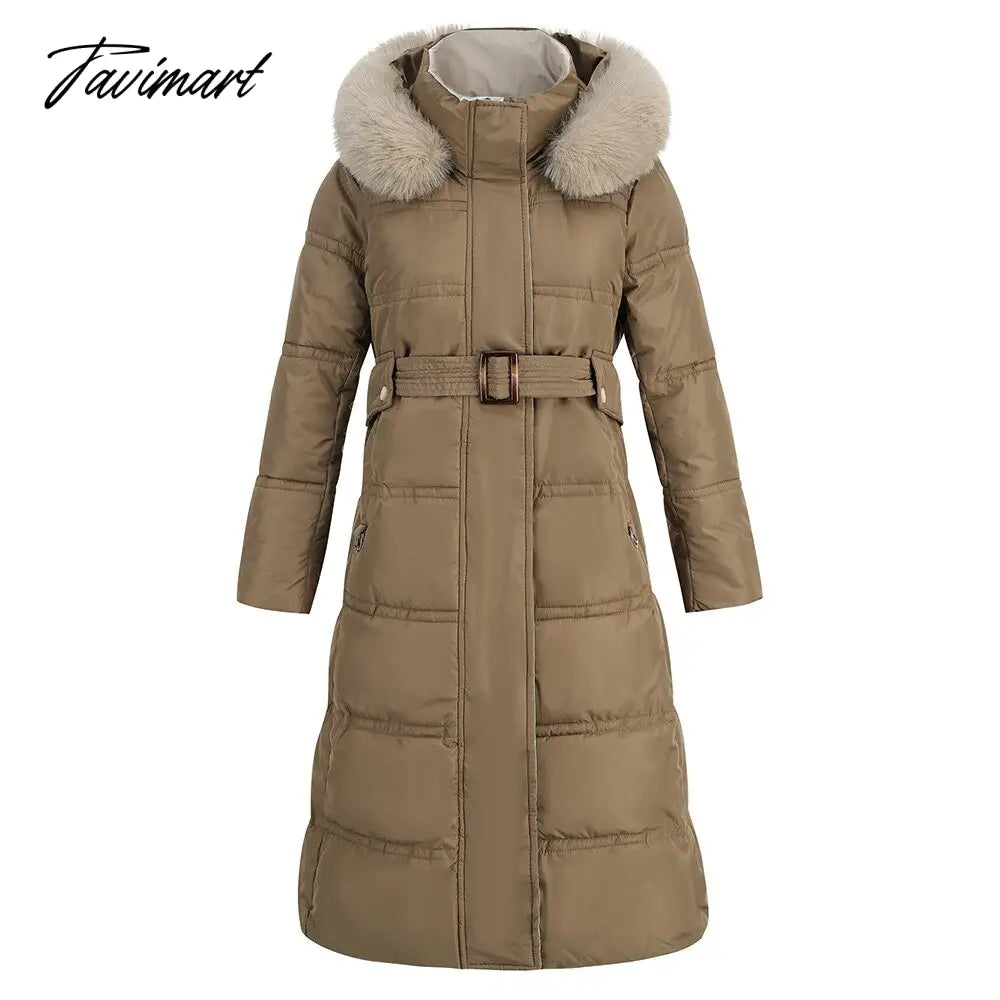Winter New Mid Length Down Cotton Coat Women Hooded Fur Collar Solid Color Slim Long Coat Female Fashion Elegant Warm Coat