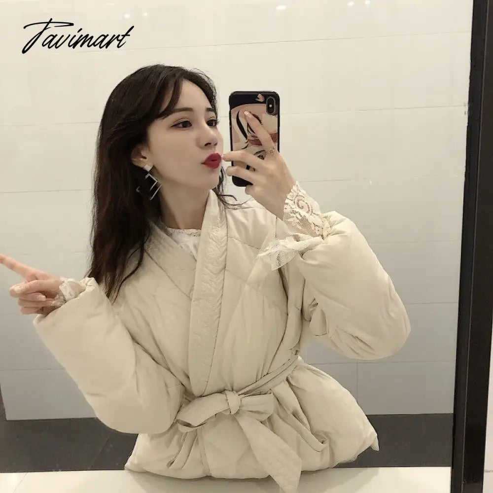 Winter Thick Warm High Quality Argyle Parka with Belt Fashion Office Ladies Khaki Jacket Coat Women‘s Casual Solid Outwear