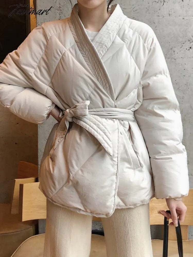 Winter Thick Warm High Quality Argyle Parka with Belt Fashion Office Ladies Khaki Jacket Coat Women‘s Casual Solid Outwear