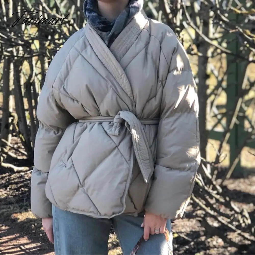 Winter Thick Warm High Quality Argyle Parka with Belt Fashion Office Ladies Khaki Jacket Coat Women‘s Casual Solid Outwear